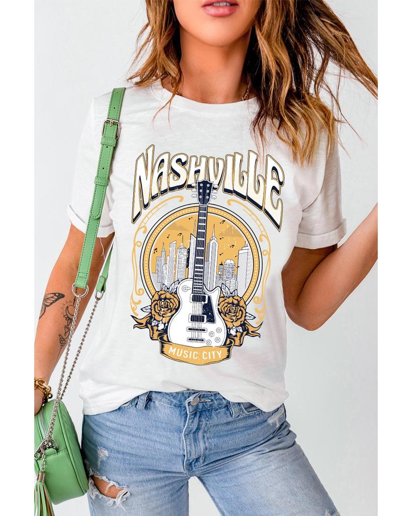 Azura Exchange Nashville Guitar Floral Print T-Shirt