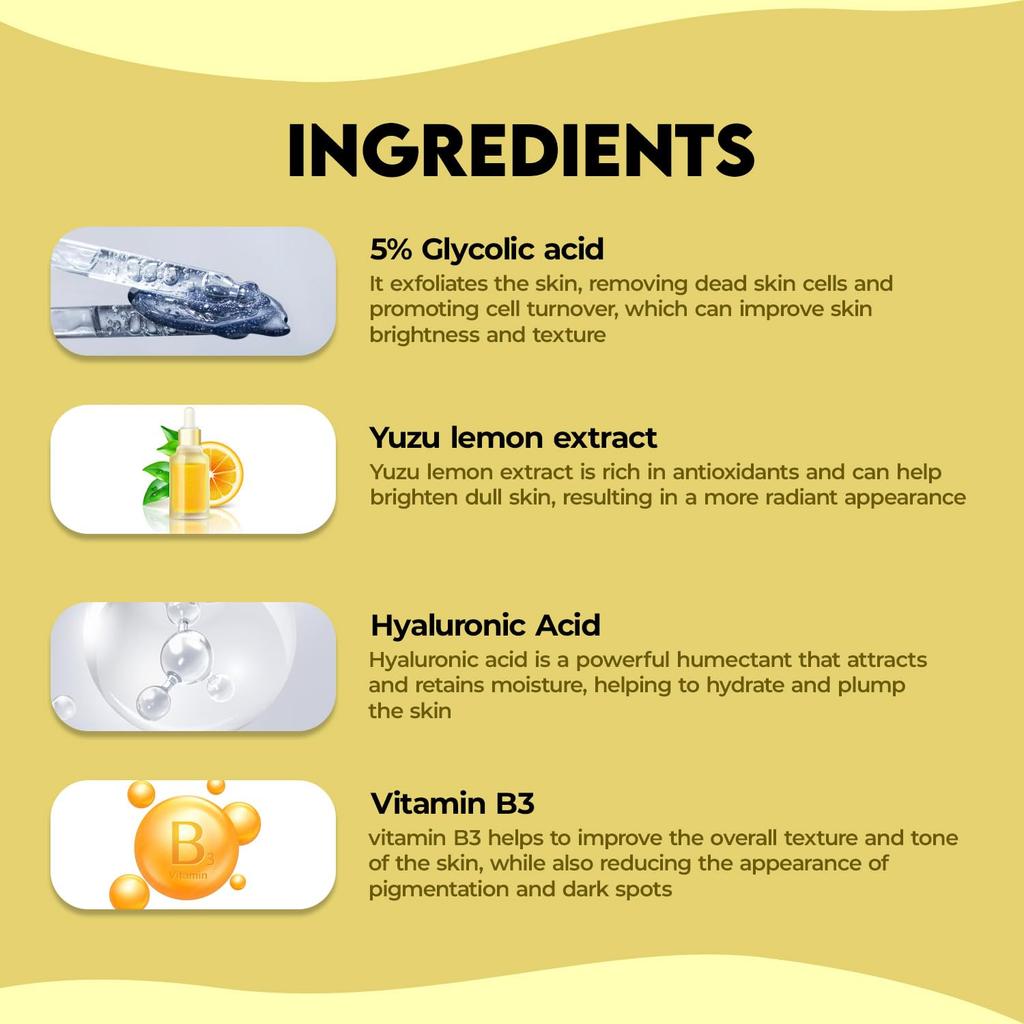 Jovees Herbal 5% Glycolic Acid Brightening Serum With Niacinamide Yuzu Lemon Hyaluronic Acid For Radiant Even Skin 30 Ml