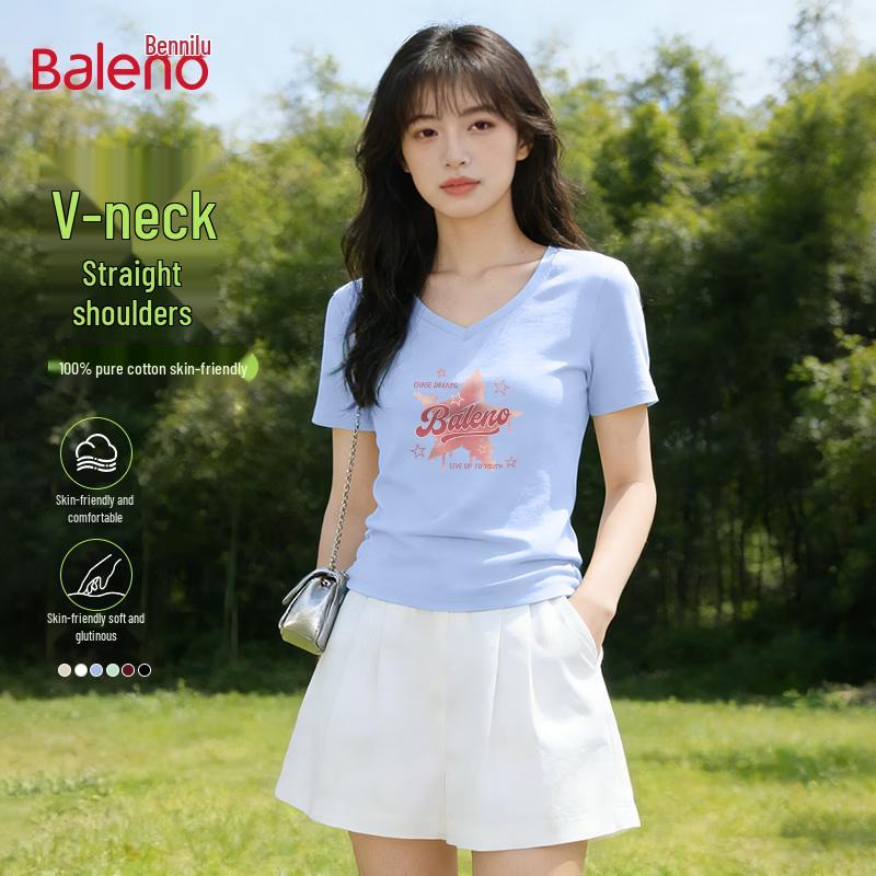 Baleno Women s V-Neck Pure Cotton Printed Short-Sleeve T-Shirt L