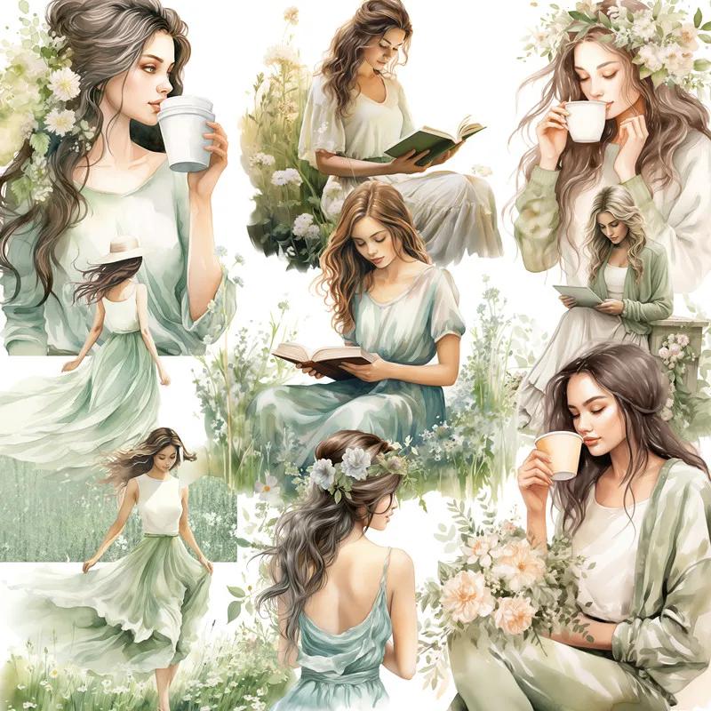 12Pcs/Pack Long Skirt Girl in The Wind Sticker DIY Craft Scrapbooking Album Junk Journal Decorative Stickers