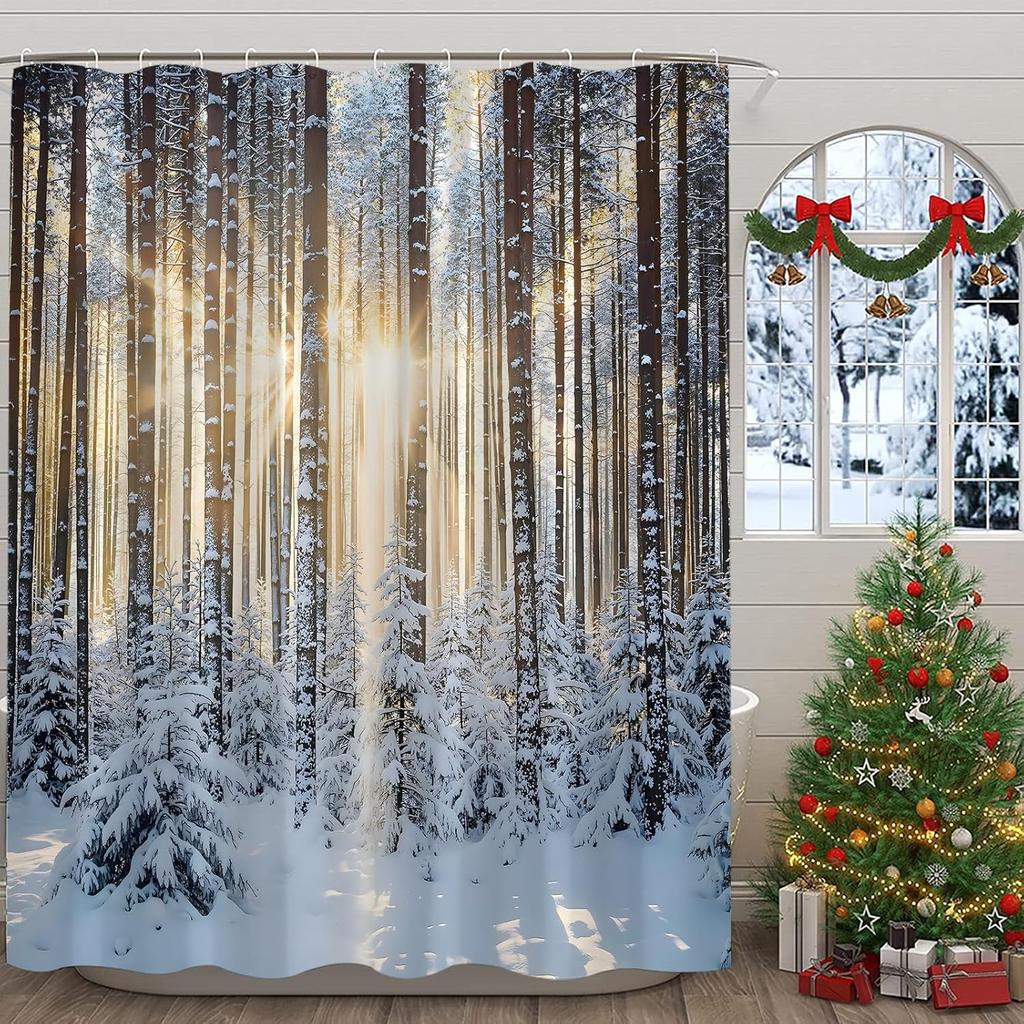 Winter Landscape Shower Curtain Nature Forest Pine Tree Snowflake Sunshine Rustic Scenery Bathroom Decor Fabric Curtain With