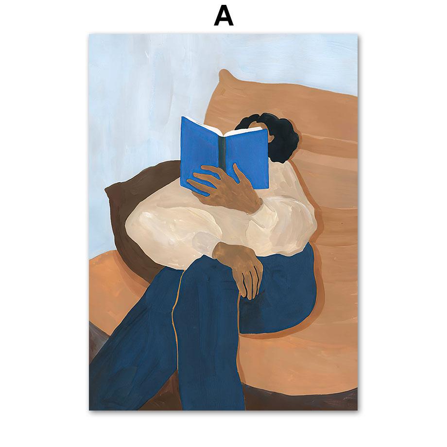 Blue Striped Girl Read Book Lobster Vase Wall Art Canvas Painting Nordic Posters And Prints Wall Pictures For Living Room Decor