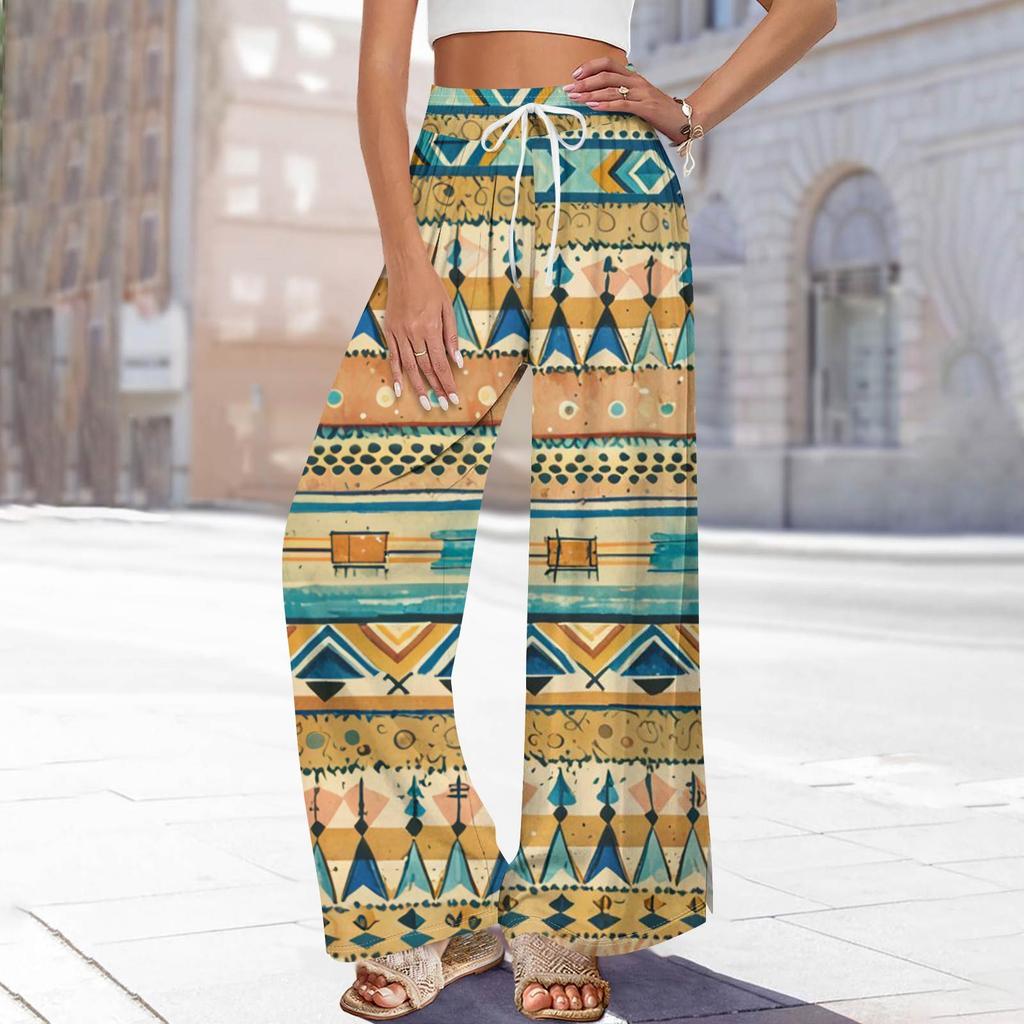 Dámské potištěné kalhoty s širokými nohavicemi s kapsami Vysoký pas Stahovací šňůrka Volné ležérní kalhoty