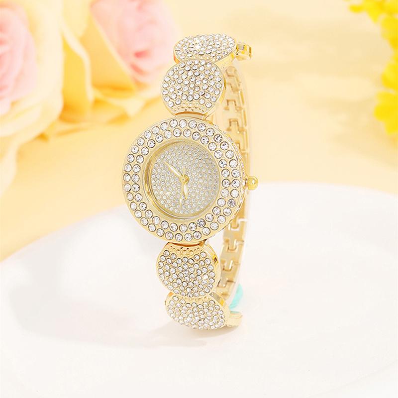 5Pcs Personalized Luxury Women's Gold Quartz Watch with Diamonds Geometric Round Girl Pendant Necklace Earrings Ring Jewelry Set