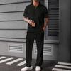 Men's Solid Color Textured Short Sleeved Trousers Suit Casual Sports Short Sleeved Trousers Suit