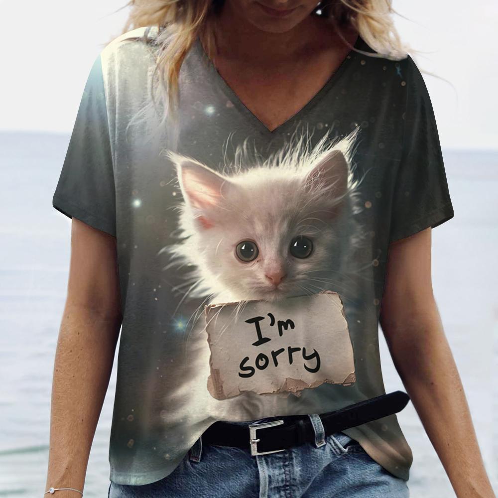 Summer Funny Cat Sorry 3D Print T-shirt Women Streetwear Casual T Shirts Y2k Tops Woman Harajuku V-Neck Tees Oversized Clothing