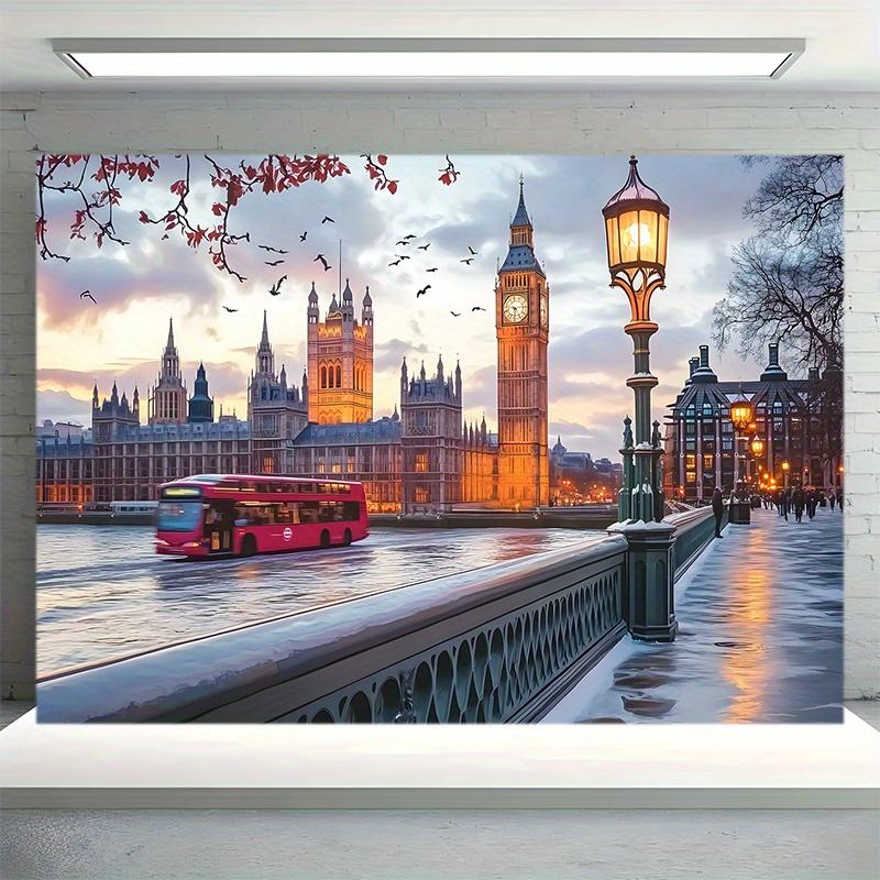 2D Flat,London Big Ben Parliament Red Double Decker Bus Thames River Cityscape Tapestry UK Travel Landmark Wall Art Living Room