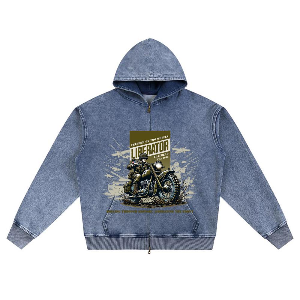 DTG Print Knitted Denim Zip-Up Hoodie Liberator Brother Print Zipper Hoodies  