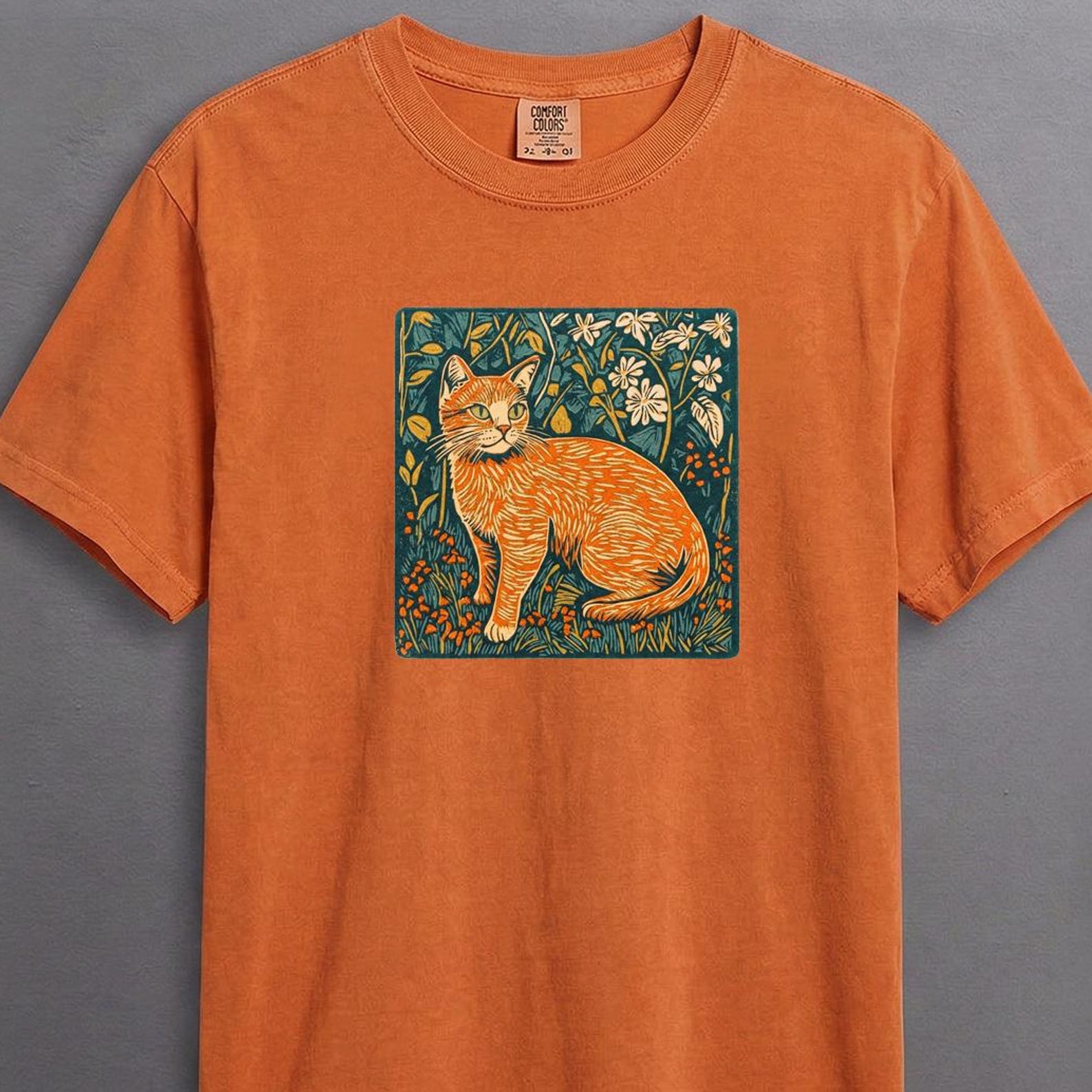 Orange Tabby Cat Linocut Shirt, Wildflower Garden Nature Art Comfort Colors® M