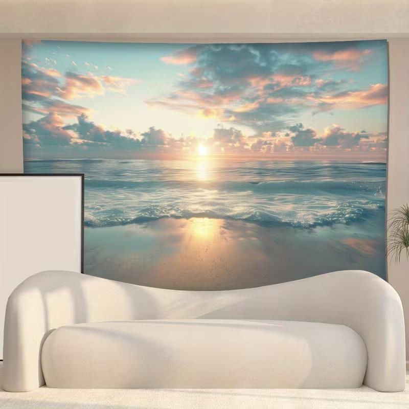 2D Tropical Ocean Tapestry, Pastel Clouds & Reflecting Sun Wall Art for Home Decor