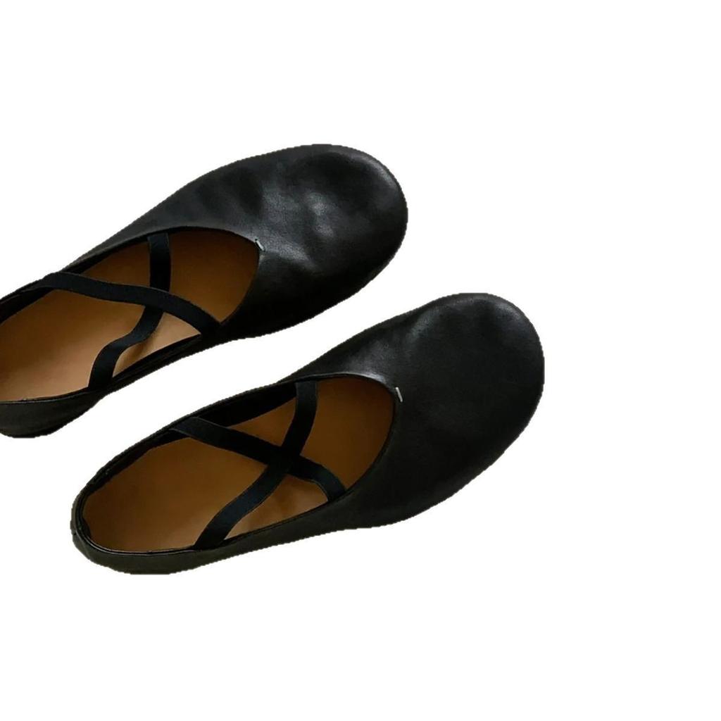 Sheepskin Version~ Round Head Cross Strap Flat-bottomed Ballet Shoes Retro Black Single Shoes Women's Shallow Mouth Mary Jane Small Leather Shoes