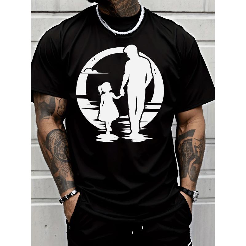 

European Size Men S Casual T-Shirt Father Daughter Holding Hands Silhouette Circle Graphic Crew Neck Short Sleeve Top Men S Fashion Daily Wear 4XL чорний