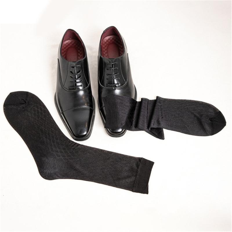 Elegant Mens Sheer Diamond Pattern Dress Socks See Through Nylon Business Formal Wear Thin Middle Tube Calf Length Socks