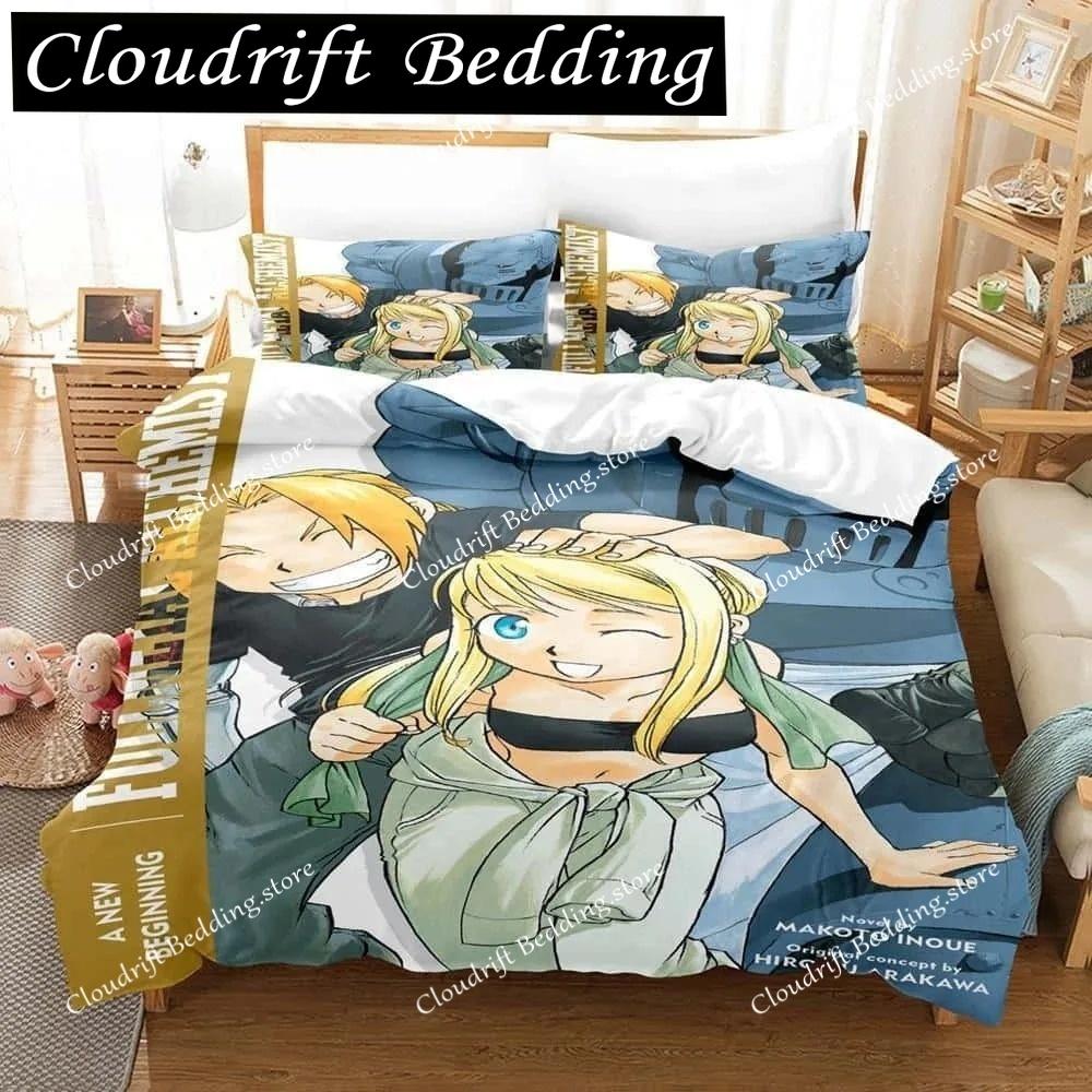Set di biancheria da letto Fullmetal Alchemist con cartoni animati stampati in 3D, singolo, doppio, matrimoniale, king size, per adulti e bambini
