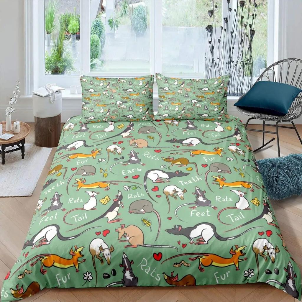 2025 Cartoon Rat King Queen Bedding Set Mouse Rodents Duvet Cover Funny Animal Love Heart Comforter Cover Polyester Quilt Cover