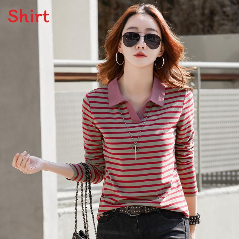 T-shirt femme manches longues col polo décontracté en coton brodé, collection printemps 2023
