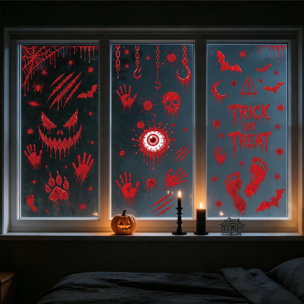 New Halloween Horror Bloodstain Window Sticker Spider-Bat TRICK OR TREAT Themed Static Glass Sticker