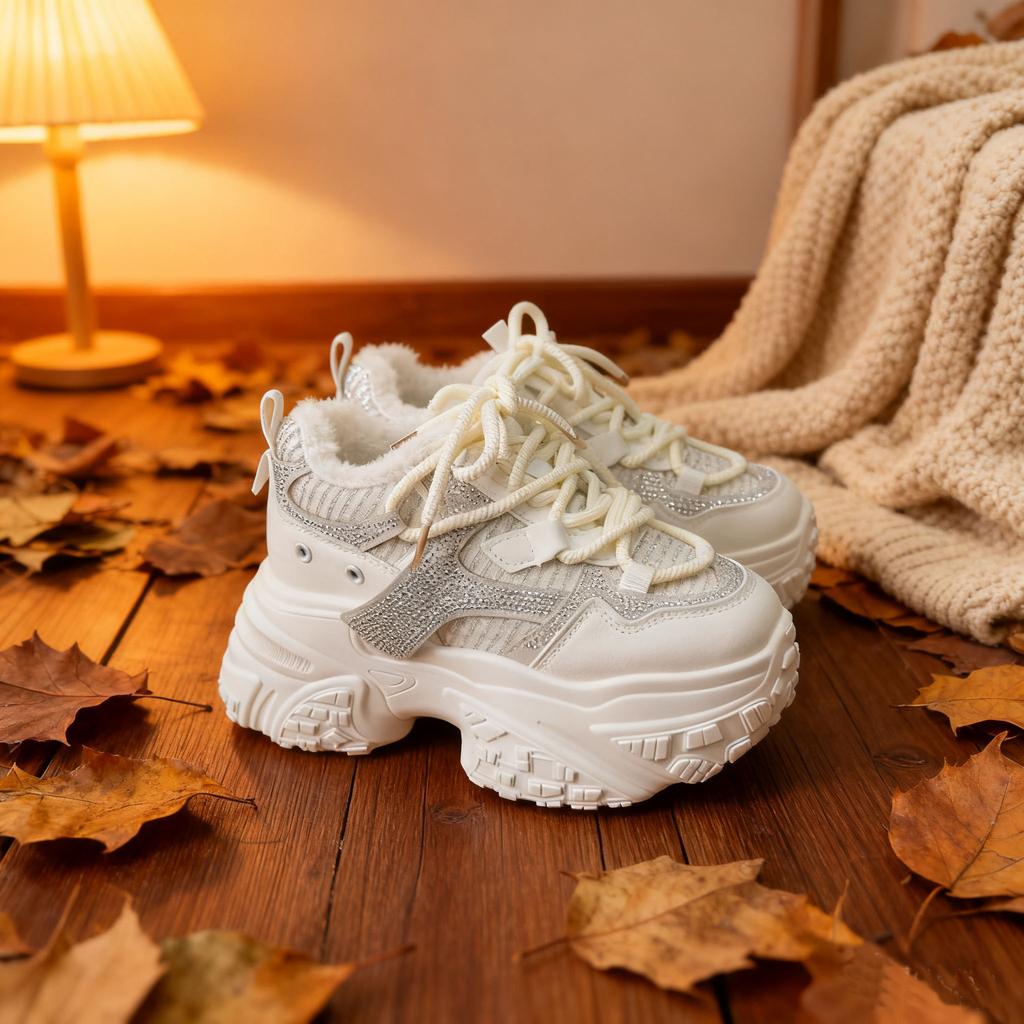 Red Dad Shoes Women's Autumn and Winter New Small Casual Shoes Versatile Rhinestone Thick-soled Inner Height-increasing Women's Shoes