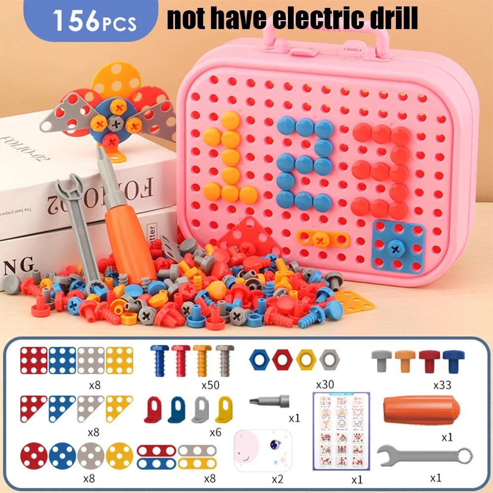 Ungiftige 3D-Puzzle-Spielzeuge Rollenspiel Werkzeugkasten Bohren Montage Lernspielzeug Kinderspielzeug Werkzeugkasten Elektrischer Bohrer Schraube Mutter