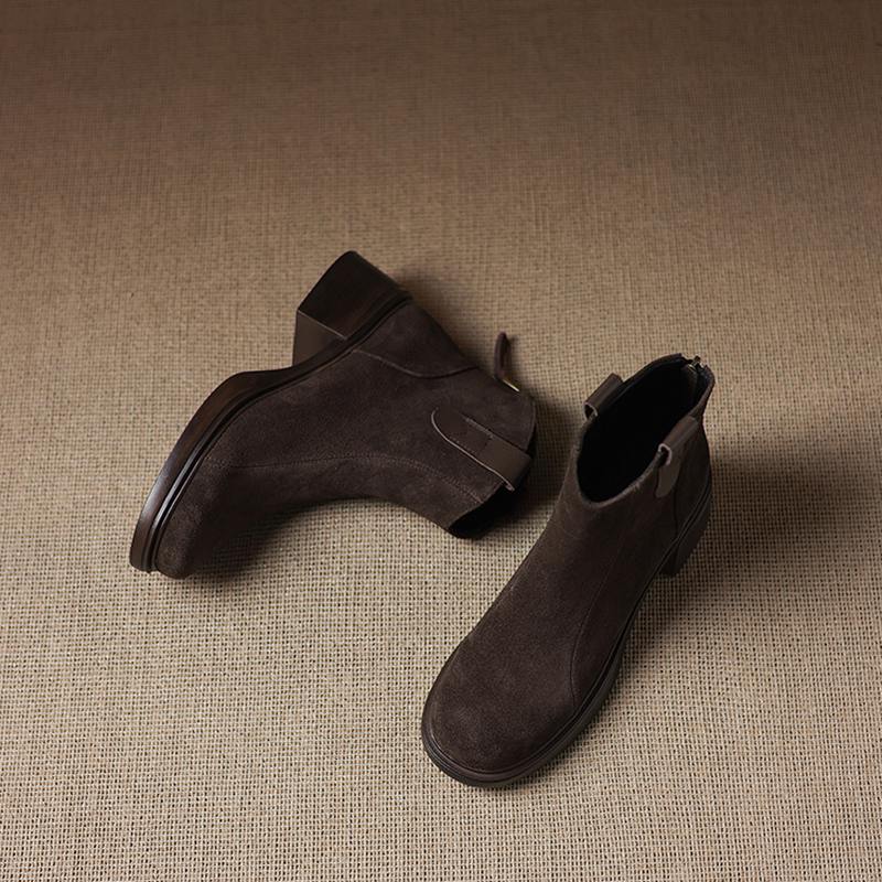 Krazing Pot Cow Suede Nubuck Winter Round Toe Modern Boots Med Heels Zipper Women Ankle Boots