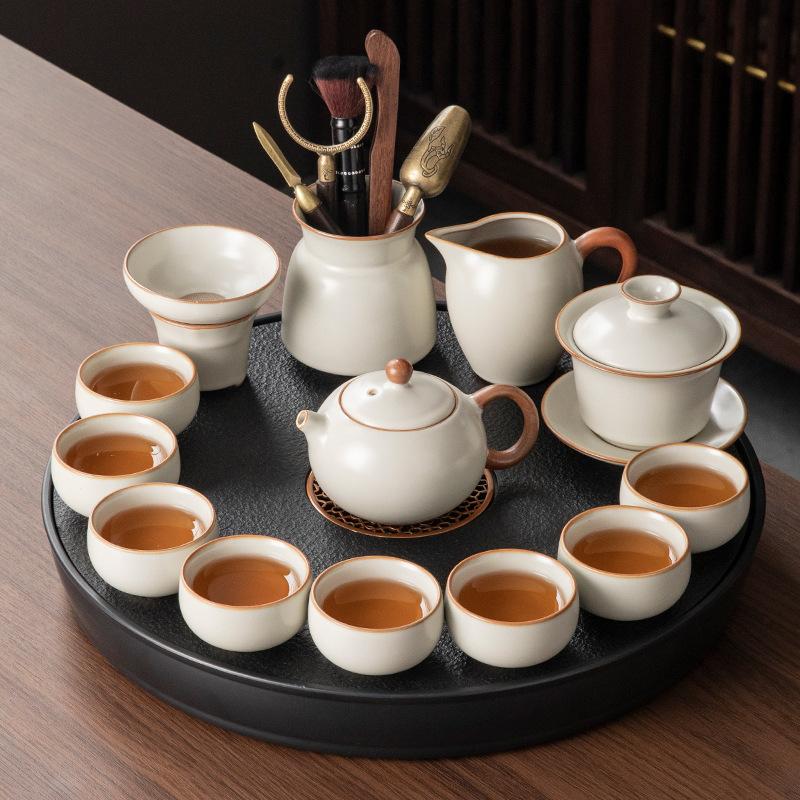 Ru kiln ceramic kung fu tea set, home office tea drinking tea, special teapot tea cup tea table, a complete set