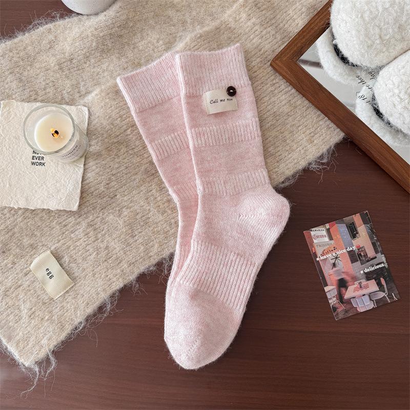 Woolen Mid-calf Women's Socks for Winter, Thickened and Warm Knitted Fabric Label Button Solid Color Simple Pile Socks