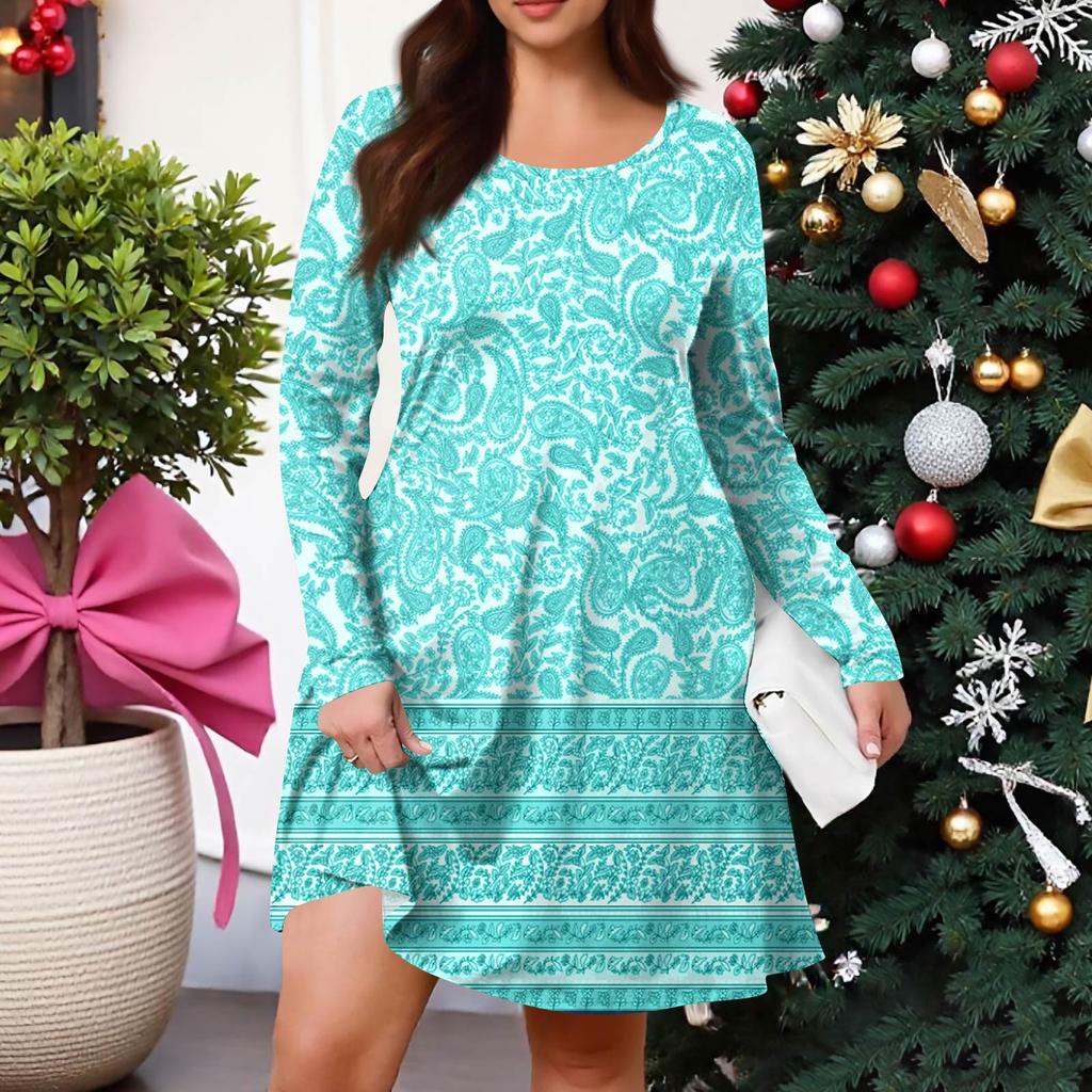 Plus Size Dame Gradienttrykk Casual Vår/Høst Lomme Rund Hals Langermet Kjole