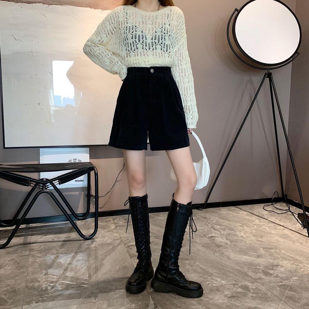 Plus Size High Waist Corduroy Wide Leg Pants Bootcut Shorts for Women - Petite Casual Autumn Winter 2024