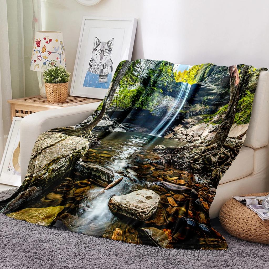 Forest Fog Blanket Plush Warm Soft Cozy Flannel Throw Blanket Forest Warm Light Vintage Plants Forest Stream for Bed Sofa Decor