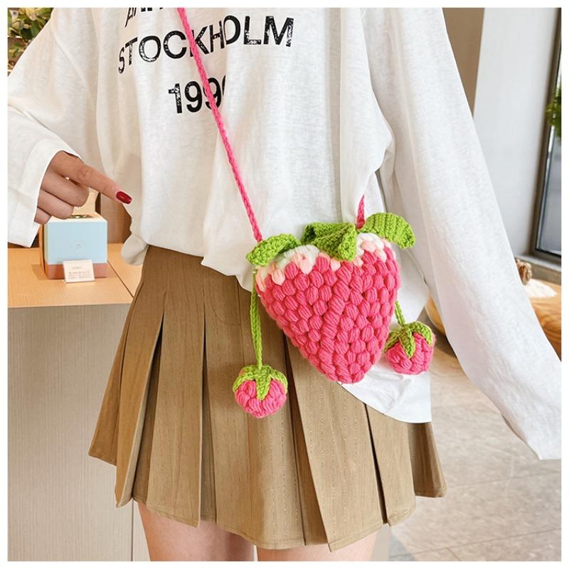 Bolsa de Crochê de Morango Feita à Mão - Nova Bolsa Transversal de Fio da Moda para Crianças, Presente Fofo para Casa, Porta-Moedas Prático