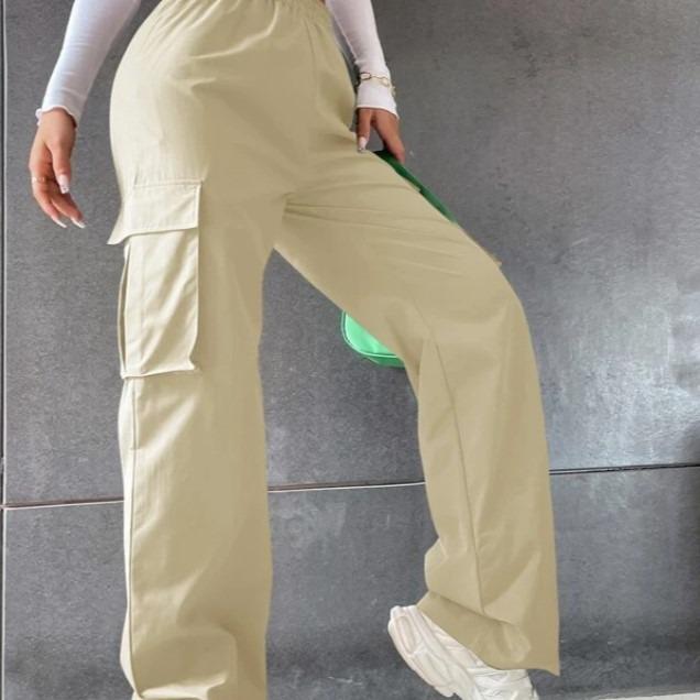 2024 Elastic Waist Women's Cargo Pants - Solid Color, Spring/Summer Fashion, Flap Pockets, In Stock