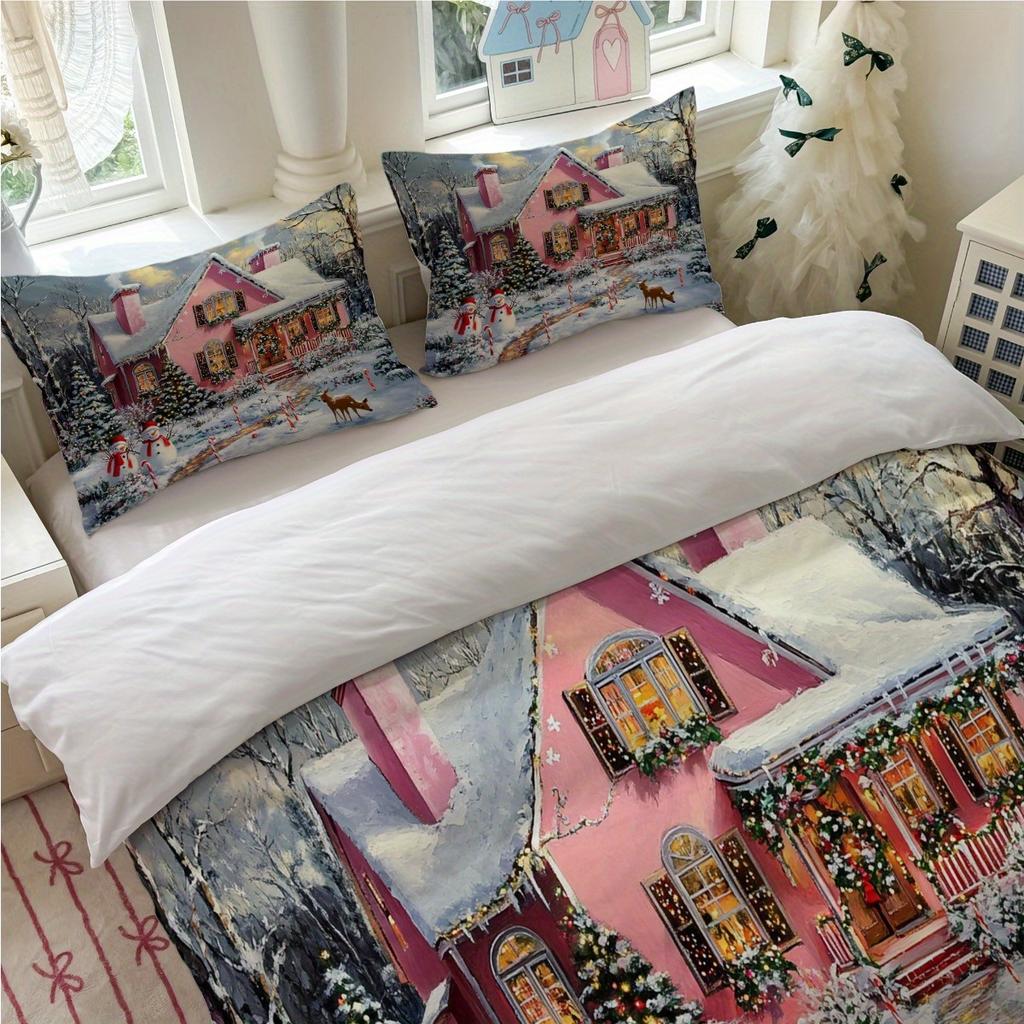 3Pcs Christmas Theme Bedding Set Pink Winter Village Print (1Duvet Cover + 2Pillowcase, Without Core) - Suitable For All Seasons