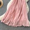 Elegant Beaded Studded Halter Strapless A-line Loose Dress for Women Sweet Pink Sleeveless Lace-up Pleated Dress Holiday Summer Dress