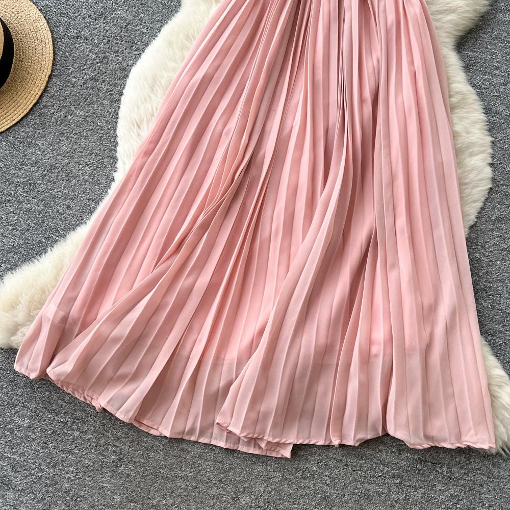 Elegant Beaded Studded Halter Strapless A-line Loose Dress for Women Sweet Pink Sleeveless Lace-up Pleated Dress Holiday Summer Dress