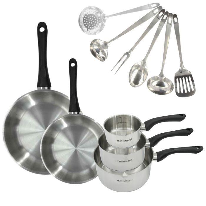 Batterie de cuisine - Tous feux dont induction - FACKELMANN - Geneva - Inox - 2 poêles 24 et 28, 3 casseroles et 6 ustensiles
