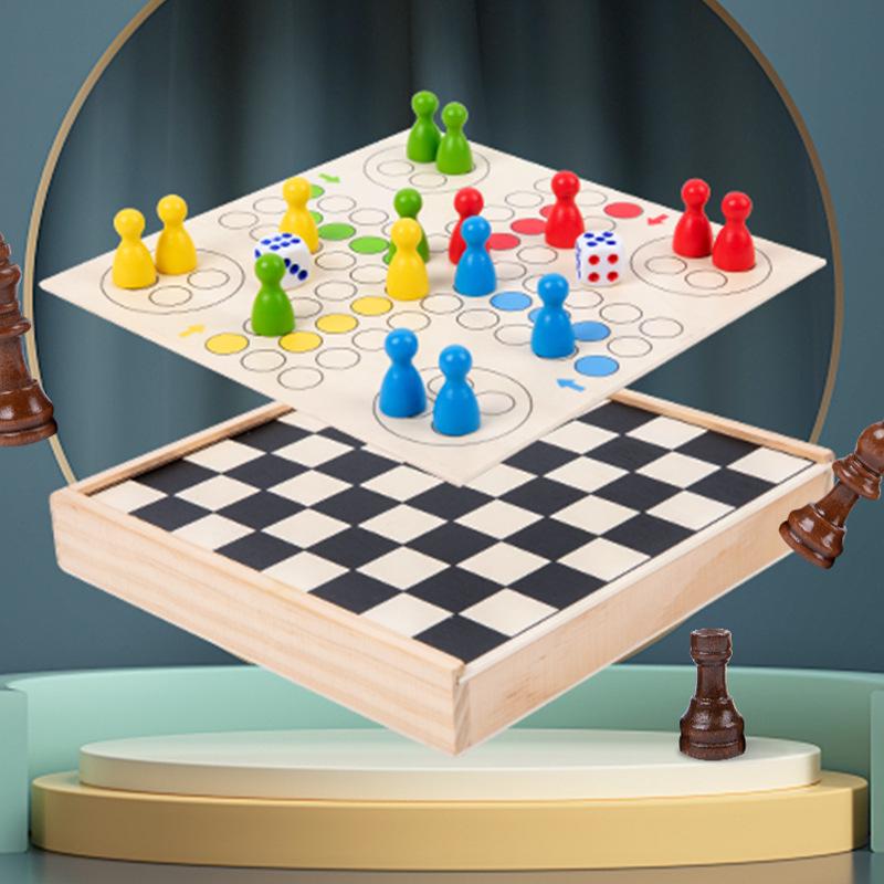 Children s Wooden Two-in-One Chess & Flying Chess Game Board - Educational Toy for Primary Students