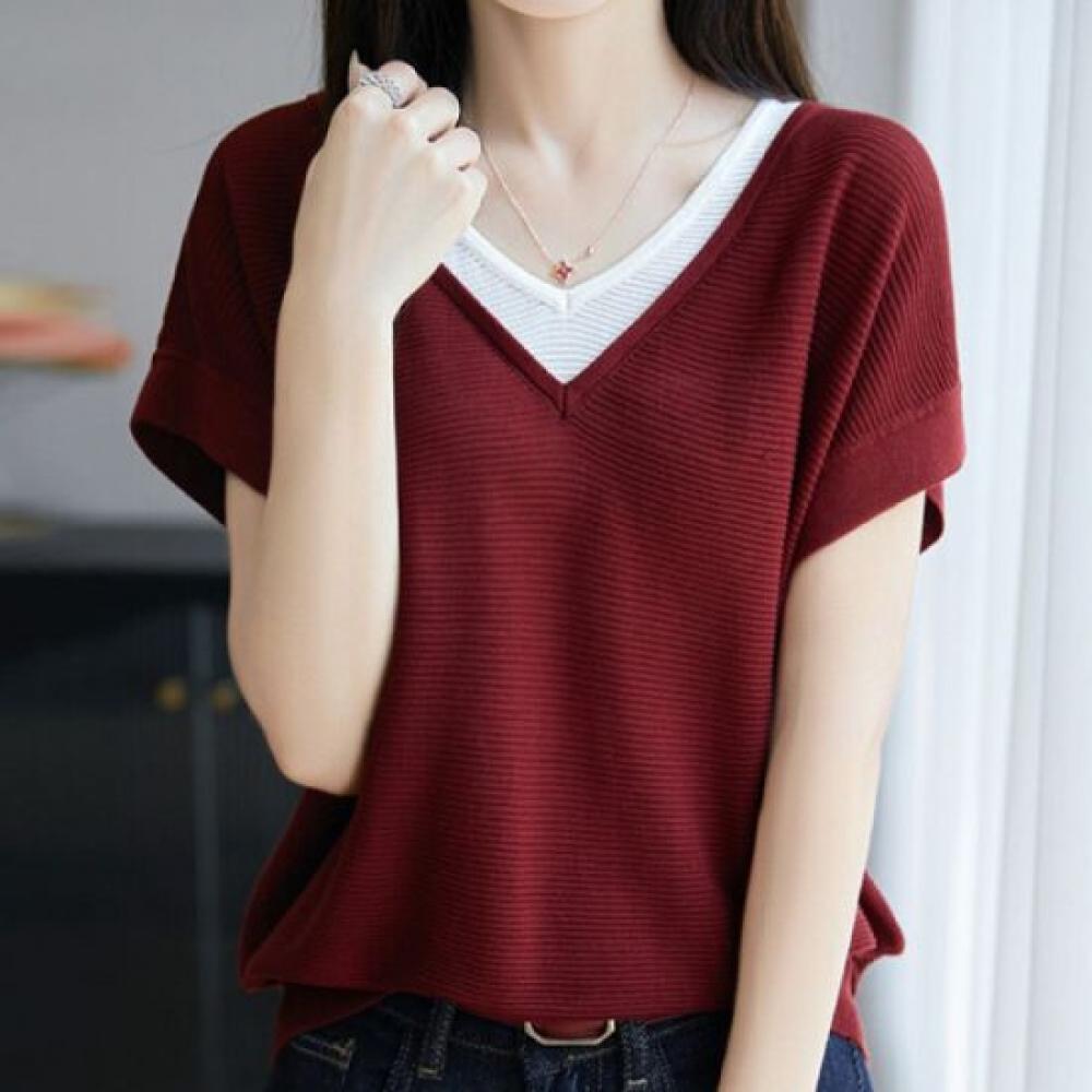 NaVaVa Thin Cool Colorblock V Neck Short sleeVe Knit Nk3055