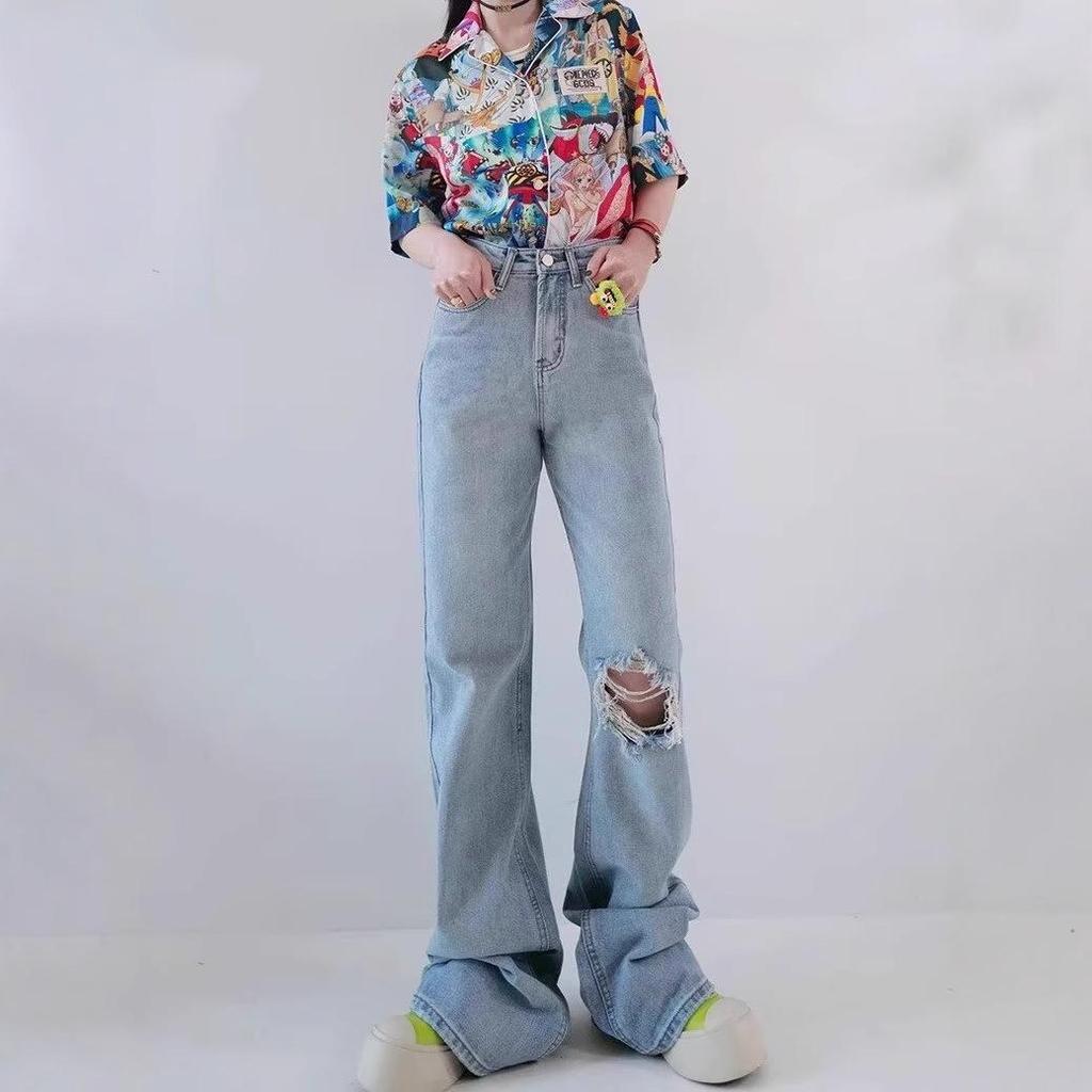 Women's High Waist Ripped Straight-Leg Jeans - Light Blue, Spring/Autumn 2024, Floor-Length, Slimming Fit