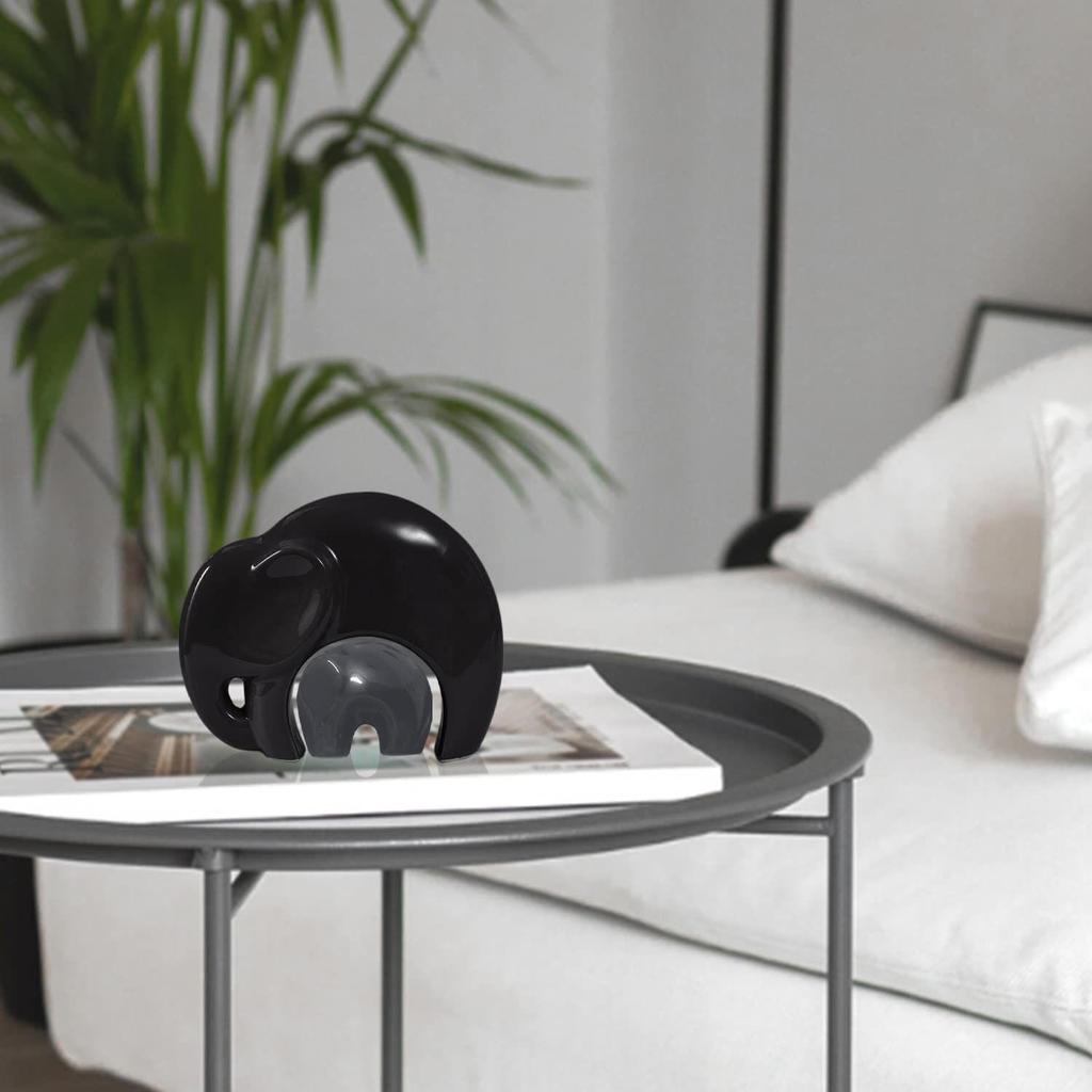 Home Décor Lucky Charm Elephant Mother & Kid | Piano Finish Ceramic Figures - (Set of 2 Piece, Black and Grey)