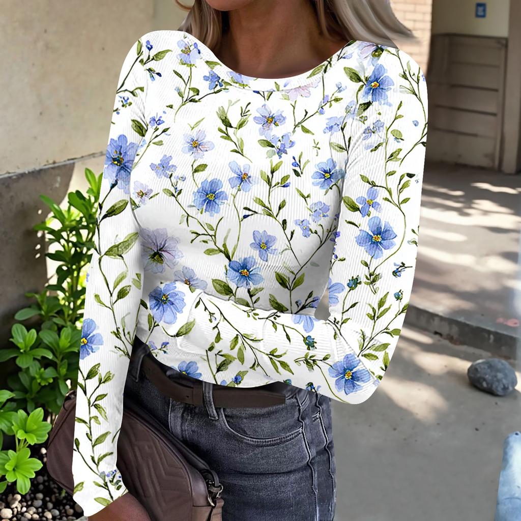 Women Casual Crew Neck Long Sleeve Ribbed Top with All Over Floral Print Lightweight Pullover Blouse for Daily Wear