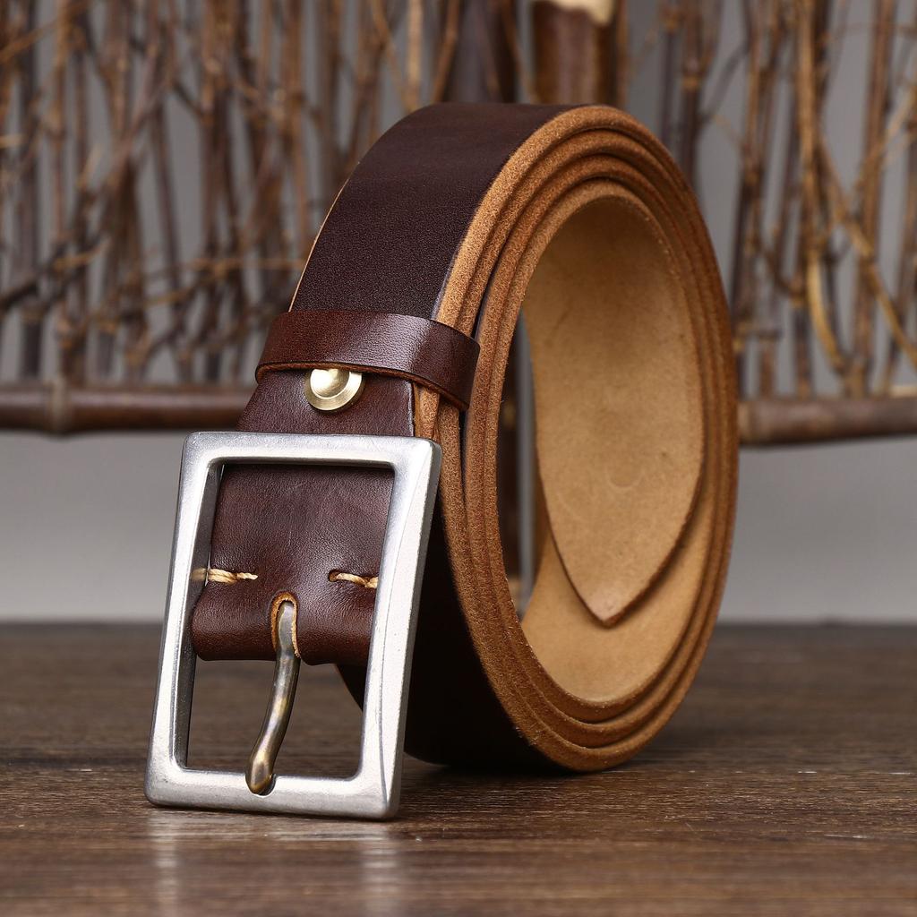 Belt Men's Stainless Steel Buckle Tea Core Leather Thickened First Layer Leather Simple All-Match Casual Jeans Belt Men's