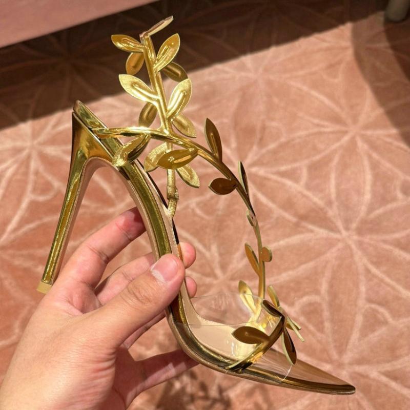 Fashion New Summer European Style High Heels Pointed Head Gold Leaf Sexy All Matching Slim Heel One Line With Comfortable Sandals