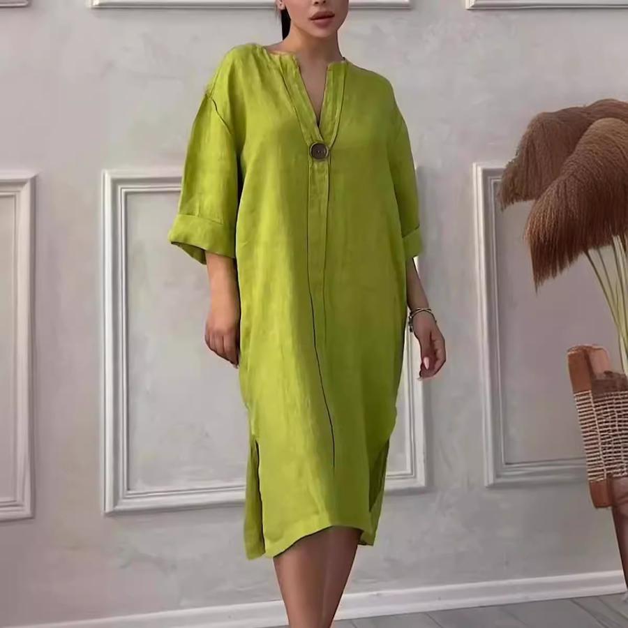 Women's New Cotton Linen Solid Color Casual Round Neck Button Long Dress