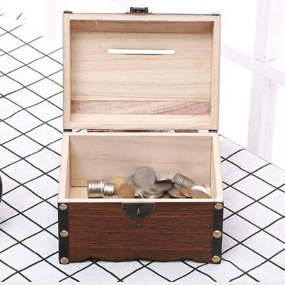 14.5*10*9.5cm Wooden Money Box With Lock And Key Secure Wood Piggy Bank For Saving Money Home Storage Boxes Bins Accessories
