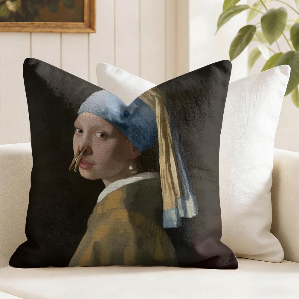 Mona Lisa Wearing Pearls Girl Cushion Cover Natural Linen Double Sided Print  Throw Pillow Case for Sofa Couch Home Decor