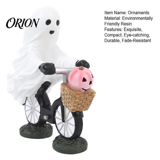 Spooky Pumpkin Basket Figurine Halloween Ghost Riding Bicycle Resin Figurine, Desk Shelf Decor for Creative Party Ornament Home Entryway, Hand-Painted
