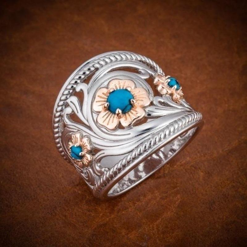 Blue Edge Two-Tone Gold Flower Ring Vintage Elegant Ladies No. 13