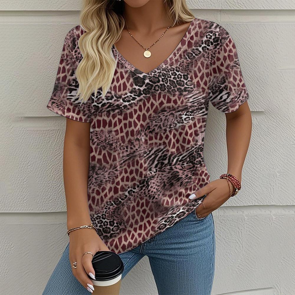 Damen T-Shirt mit Leopardenmuster Lässiges Muster Print Sommer Retro Kleidung, Outdoor V-Ausschnitt Kurzarm Street Fashion