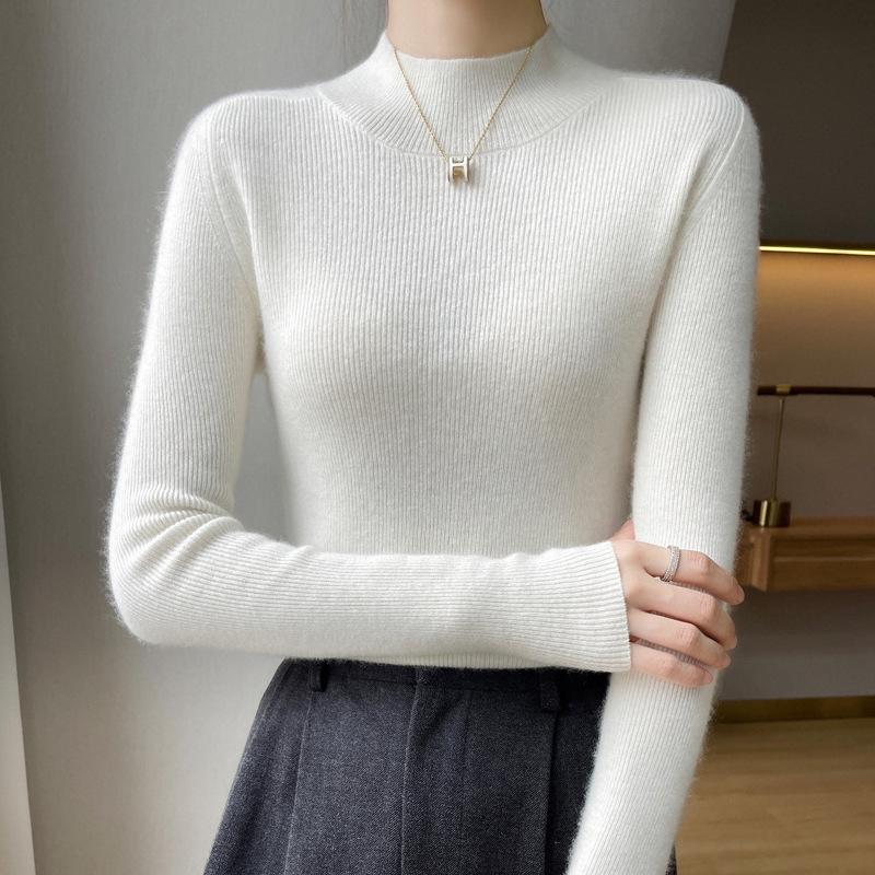 Women's 2024 Fall/Winter Cashmere Knit Base Layer: Long Sleeve, Warm, Slimming, Semi-High Neck, Versatile, Comfortable.