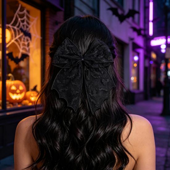 Holiday Themed Hair Clip Halloween Bat Mesh Bow Spring Clips, Black White Lace Spider Web Accessories Barrettes, Gothic Dark Style for Women